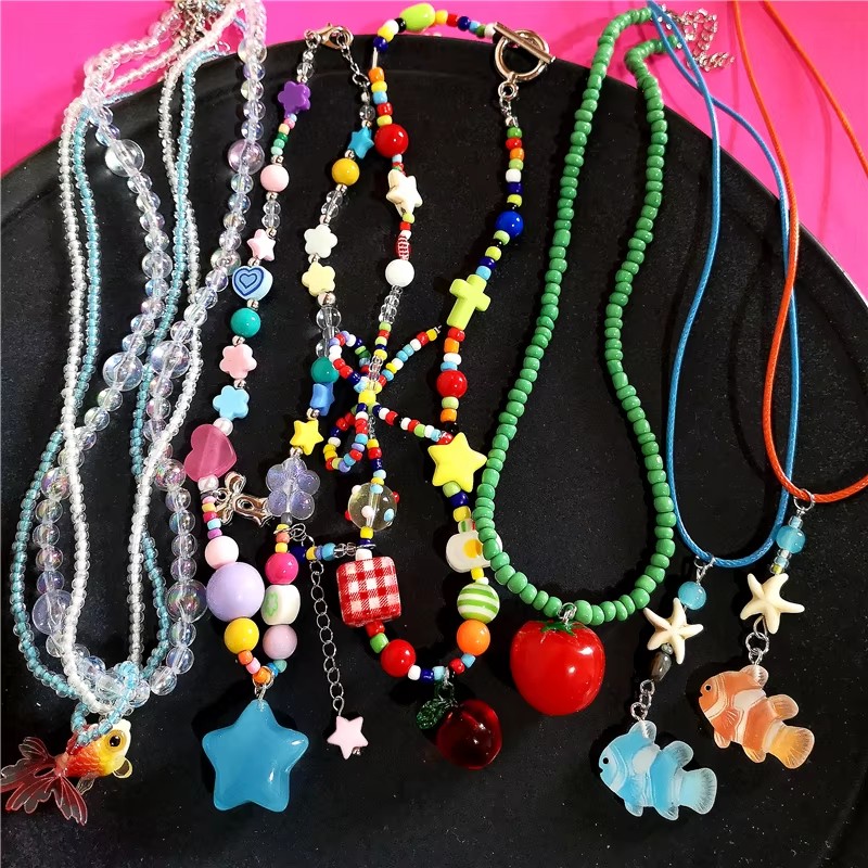 Women'S Emo Accessories - น่ารักฤดูร้อน Y2K หัวใจผลไม้มะเขือเทศ Bowknot จี้สีสันสร้อยคอลูกปัดผู้หญิง Kpop
