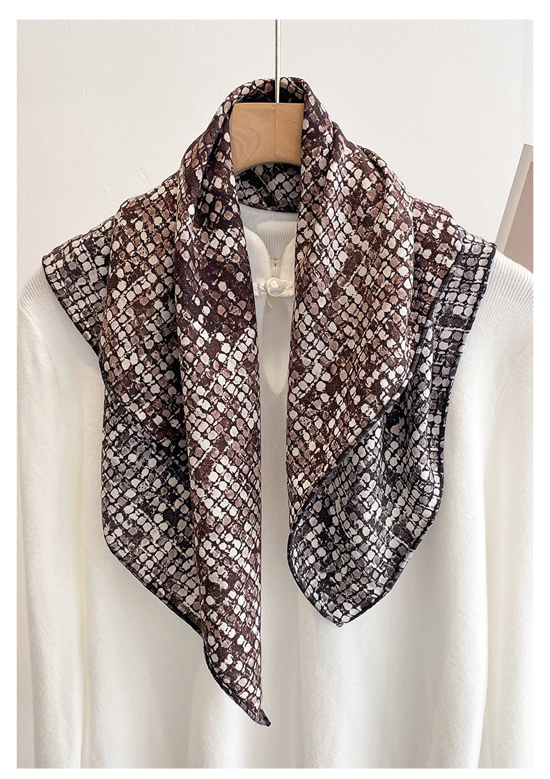 Silk Scarf Square - ผ้าพันคอขนสัตว์ 70% ไหม 30% สำหรับผู้หญิง ลายสก็อตสีน้ำตาลสไตล์วินเทจ