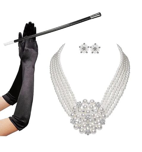 Women'S Accessories In The 1950S - Audrey Hepburn ชุดเครื่องประดับคอสตูม tiffanys 1950s, ชุดเครื่องประดับสร้อยคอไข่มุกต่างหูสร้อยข้อมือที่เขี่ยบุหรี่ถุงมือ